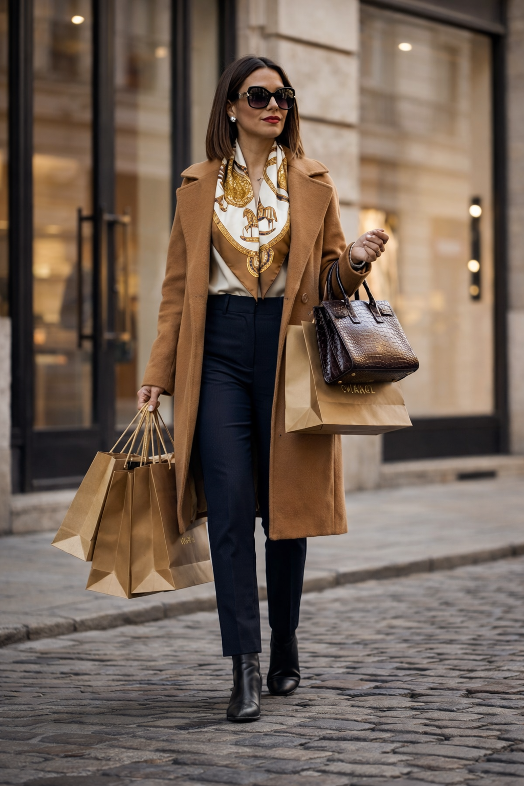 Model in a camel coat carrying shopping bags